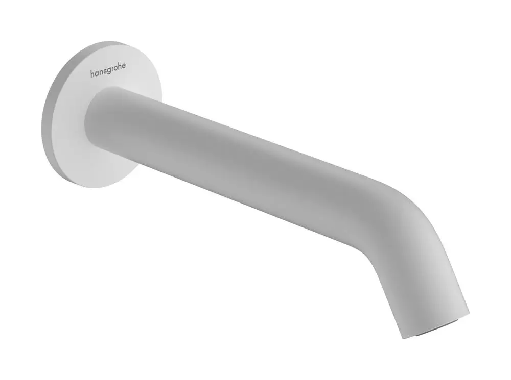 Hansgrohe Wand-Wanneneinlauf in Mattweiß mit gerader, altertümlicher Form und runder Befestigungshalterung, montiert an einer glatten Wandoberfläche.